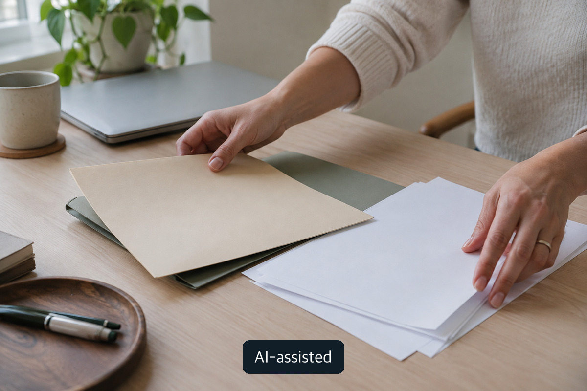 AI-generated conceptual photograph of adult hands arranging unlabeled folders and blank sheets; not a real application form or eligibility document