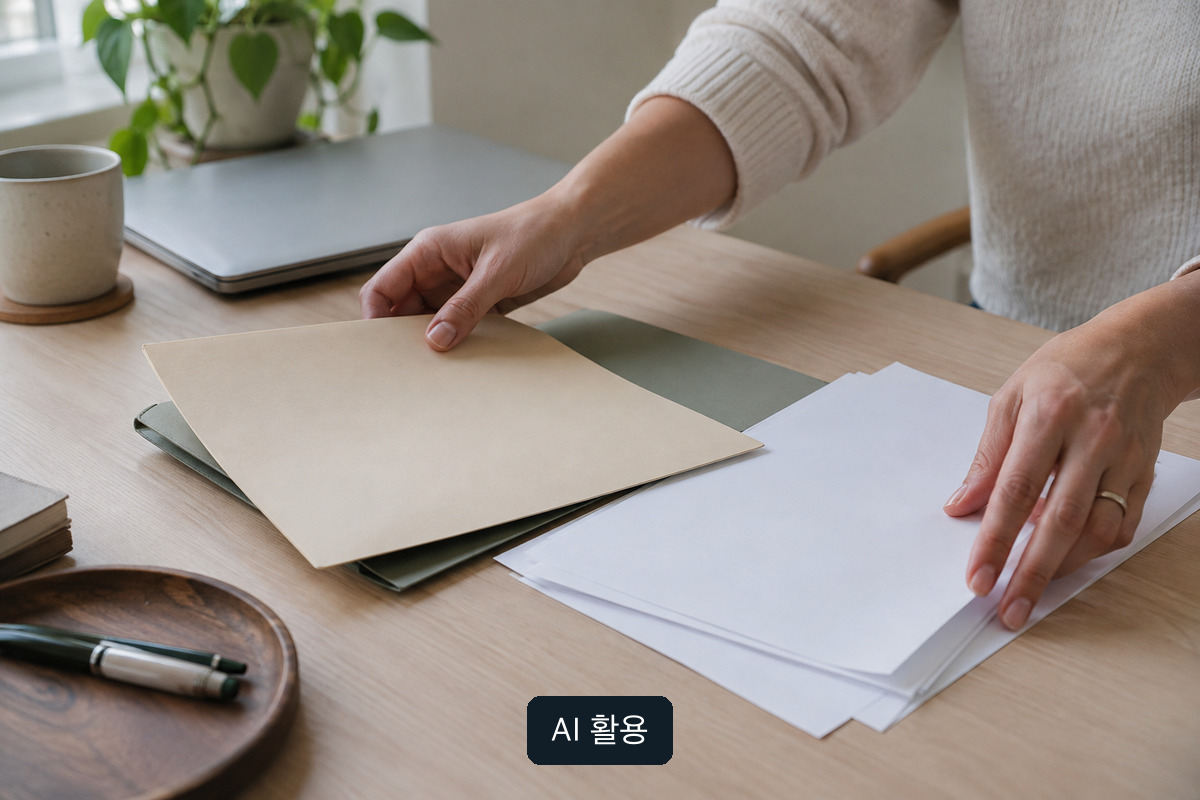 무표기 서류철과 빈 종이를 정리하는 손의 AI 생성 개념 사진; 실제 신청서 또는 자격 증빙이 아님