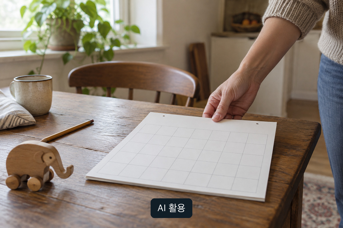 빈 날짜 칸의 종이 달력과 나무 장난감의 AI 생성 개념 사진; 실제 공식 접수 일정표가 아님
