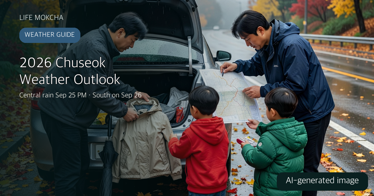 AI-generated image of a Korean family preparing for a rainy Chuseok road trip