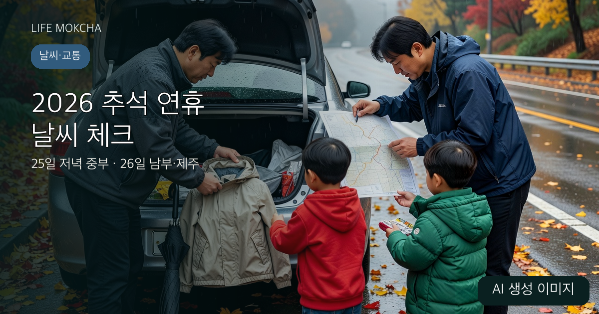 비 오는 날 추석 연휴 자동차 여행을 준비하는 가족을 표현한 AI 생성 이미지