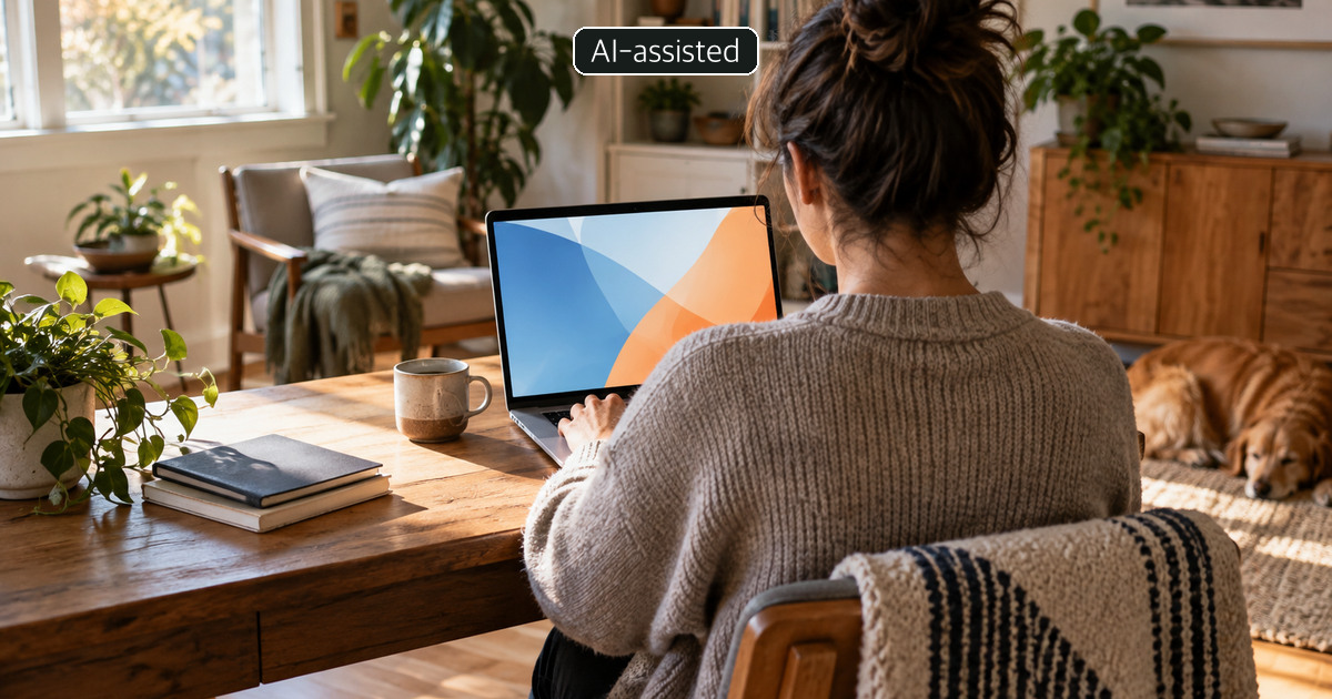 AI-generated conceptual photograph of home laptop learning; not an actual Click-On AI screen or participant.