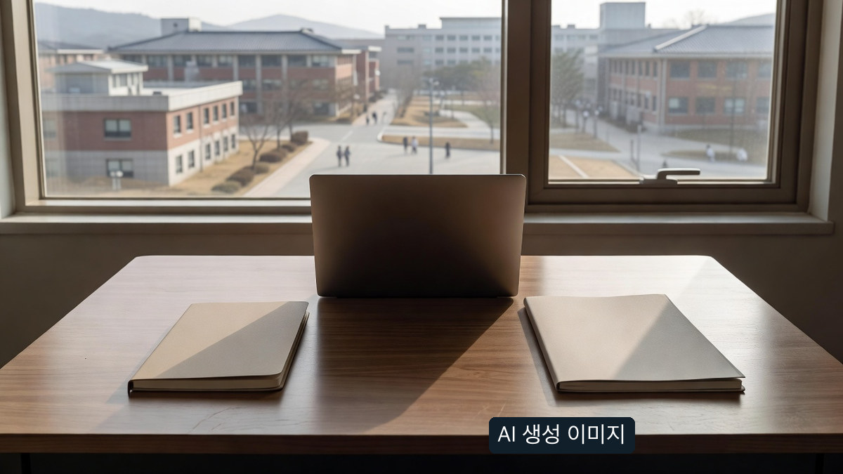 AI 생성 대학 공부 공간 장면, 실제 장학금 수혜자나 공제회 사무실 사진이 아님