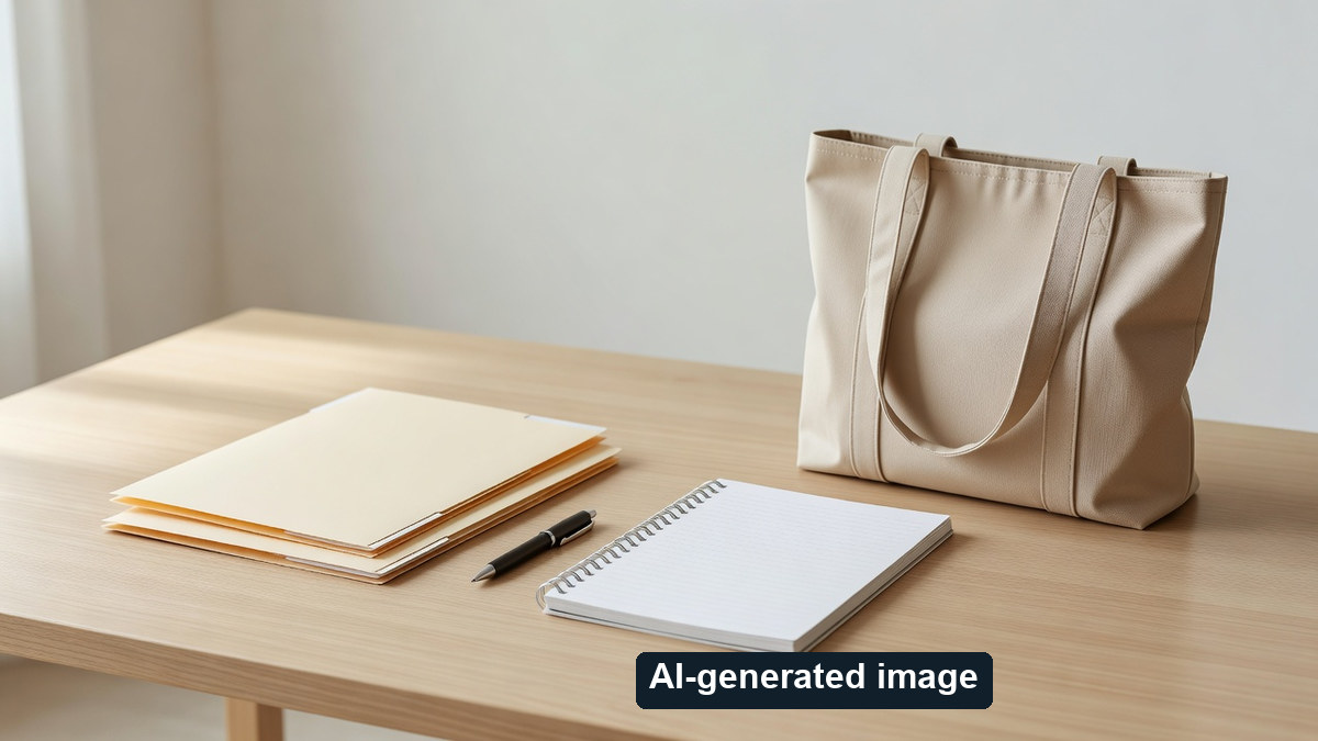 AI-generated conceptual desk with blank folders, not an official form or acceptance notice