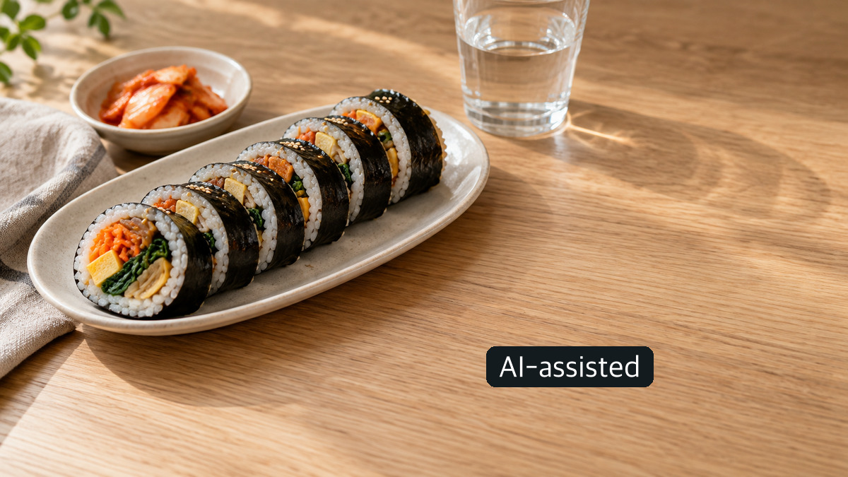 AI-generated conceptual photo of generic gimbap on a plate and a glass of water; not one of the tested products.