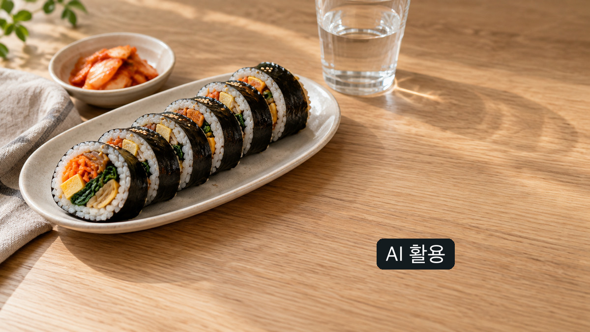 AI 생성 개념 사진: 접시에 놓인 일반적인 김밥과 물. 한국소비자원 시험대상 제품의 실제 사진이 아닙니다.