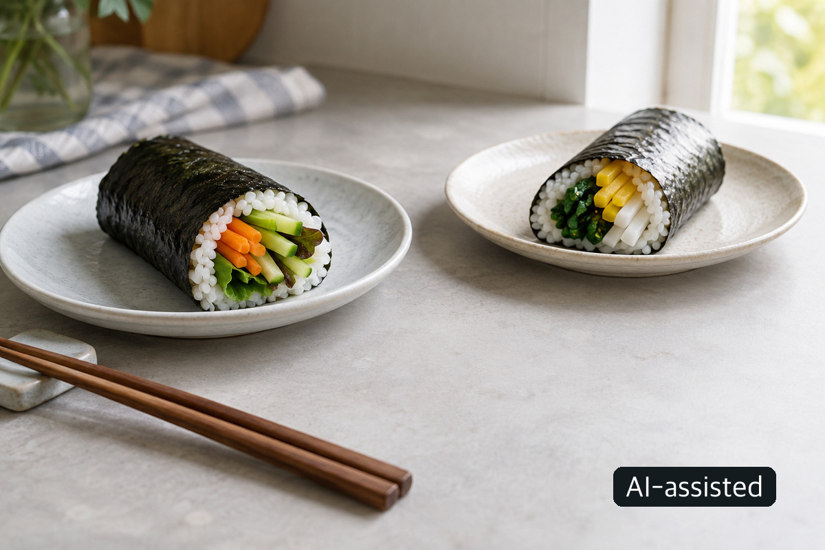 AI-generated conceptual photo of two generic gimbap rolls with differing fillings; not a photograph of KCA's sample or measured composition.