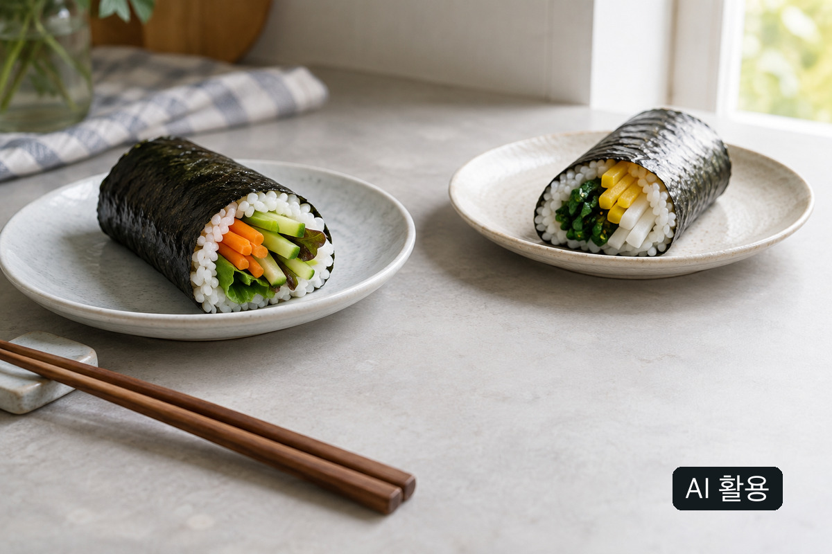 AI 생성 개념 사진: 서로 다른 속재료가 보이는 일반적인 김밥 두 줄. 시험 제품 비교 사진이나 실제 측정 결과를 나타내지 않습니다.
