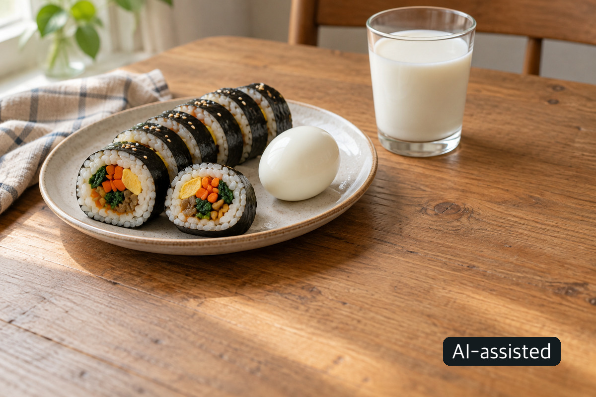 AI-generated conceptual photo of generic gimbap, a peeled egg and a glass of white drink; not a specific tested product or personalized diet.