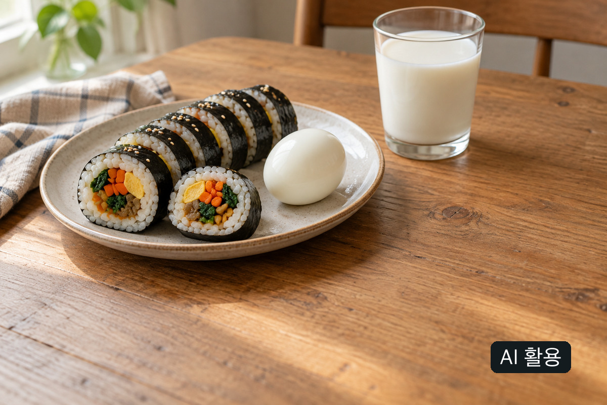 AI 생성 개념 사진: 일반적인 김밥 한 접시와 삶은 달걀·흰 음료가 담긴 유리잔. 특정 제품이나 개인의 권장 식단이 아닙니다.