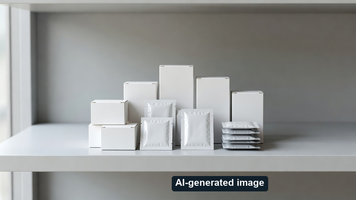 AI-generated unmarked medicine-style packages, not a named drug or photographed shop