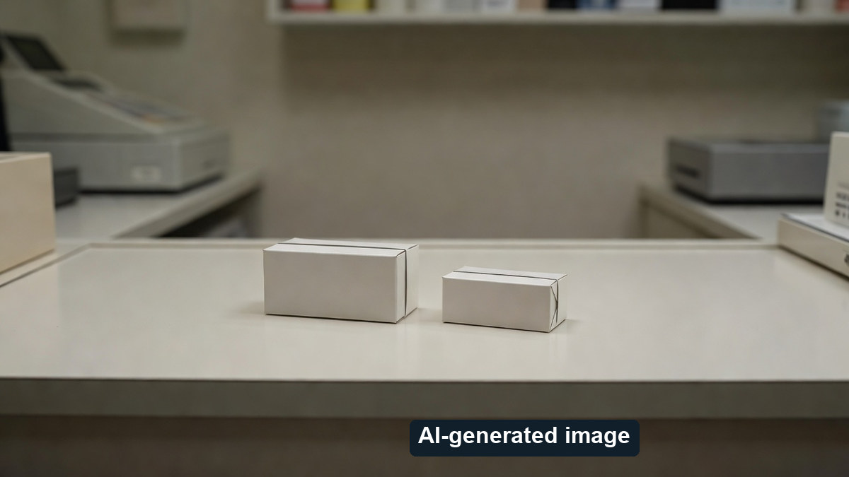 AI-generated conceptual checkout counter with two different unmarked cartons, not evidence of an actual transaction or drug