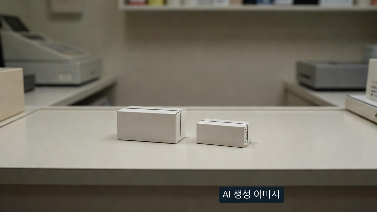 AI 생성 설명용 판매대의 무표시 상자 두 종류, 실제 약품·점포 또는 적발 사례가 아님