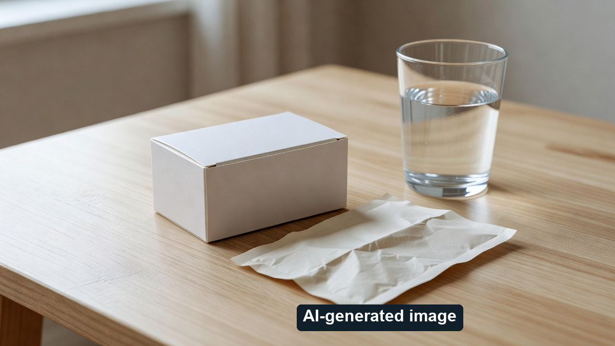 AI-generated conceptual unmarked carton, blank paper and water, not a real drug label or dosage instruction
