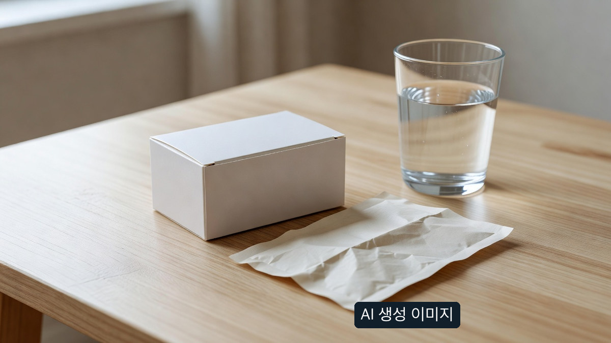 AI 생성 설명용 무표시 상자·종이·물컵 장면, 실제 약 설명서나 복용 처방이 아님