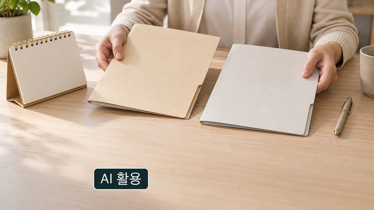 두 갈래의 빈 서류를 살펴보는 개념 이미지. 실제 보상 신청 서식이나 결정 문서가 아닙니다.