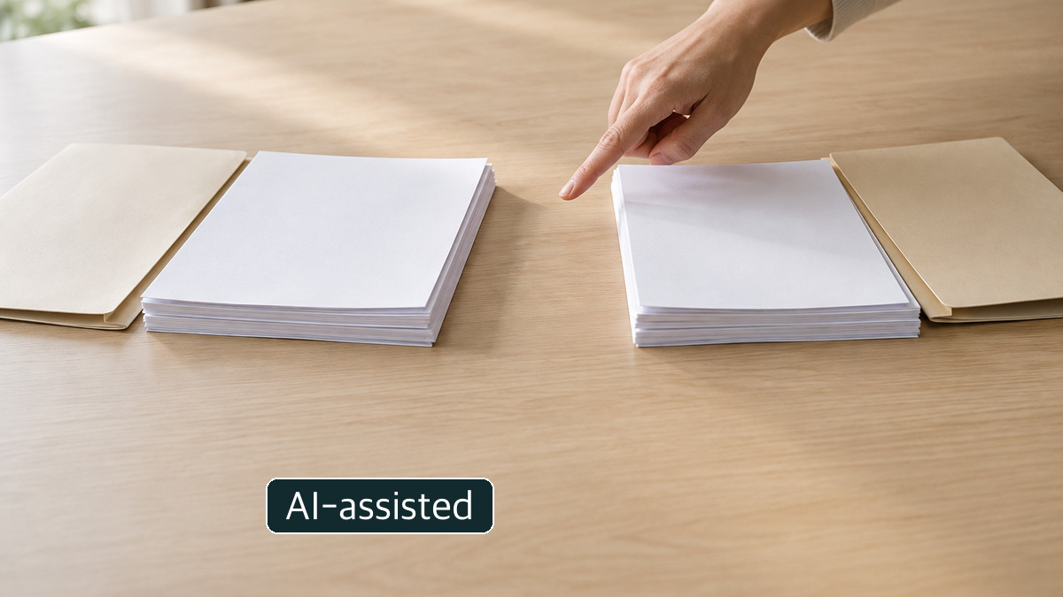 Two sets of blank papers illustrating distinct routes, not actual review results.