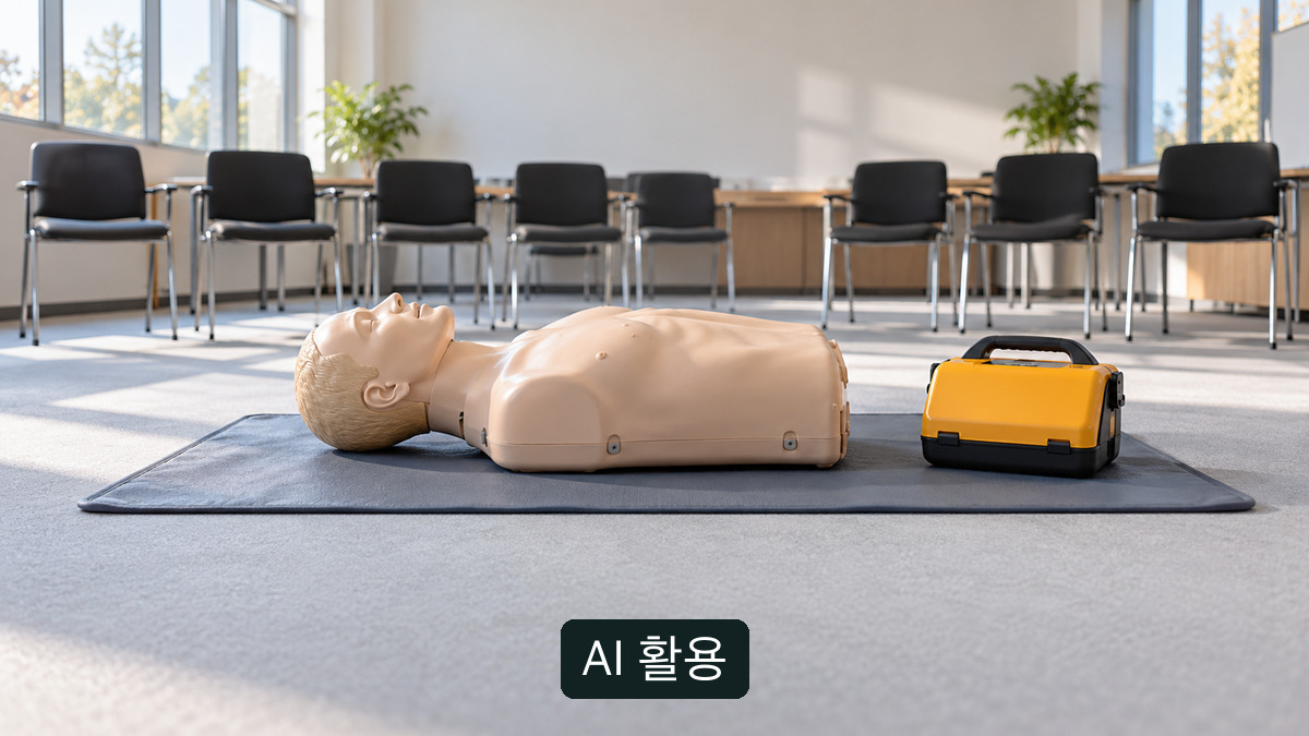 교육실 바닥 매트에 놓인 심폐소생술 실습용 마네킹과 옆의 노란 AED. 실제 응급 상황이나 처치 시범이 아님