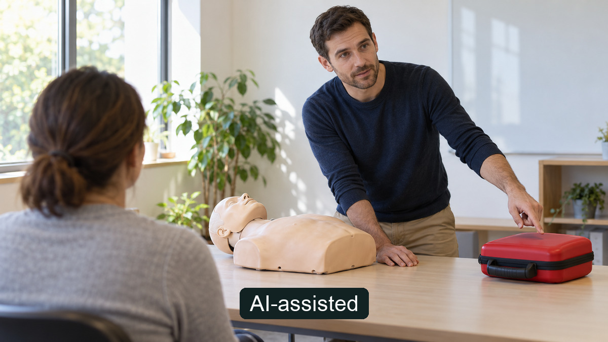 Two people at a training-room table pointing toward a closed AED case, with a CPR mannequin; staged education, not an actual emergency