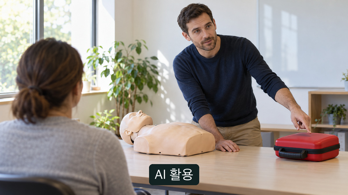 교육실 탁자에서 닫힌 AED 장비 상자를 가리키는 두 사람과 실습용 마네킹. 실제 환자 처치 장면이 아님