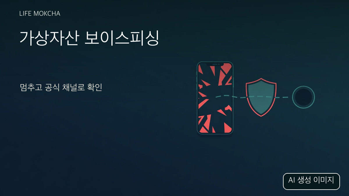 AI 생성 개념 그림: 손상된 스마트폰과 방패 기호, 실제 거래소·신고 화면 아님
