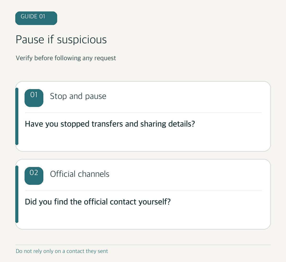 Code-drawn first-response graphic: contact official channels and keep records