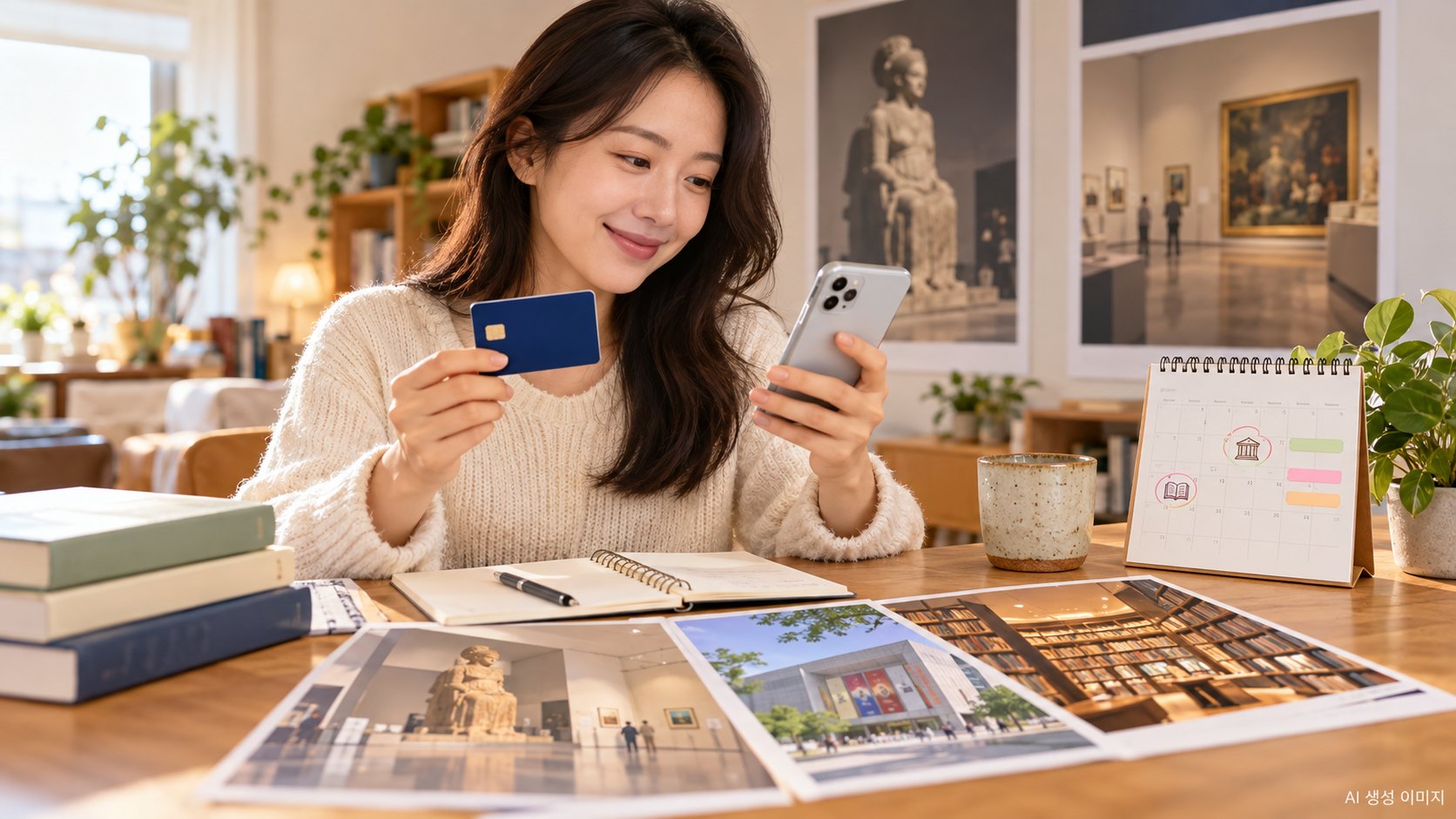 달력과 일반 카드를 놓은 AI 생성 콘셉트 이미지. 실제 문화누리카드가 아님