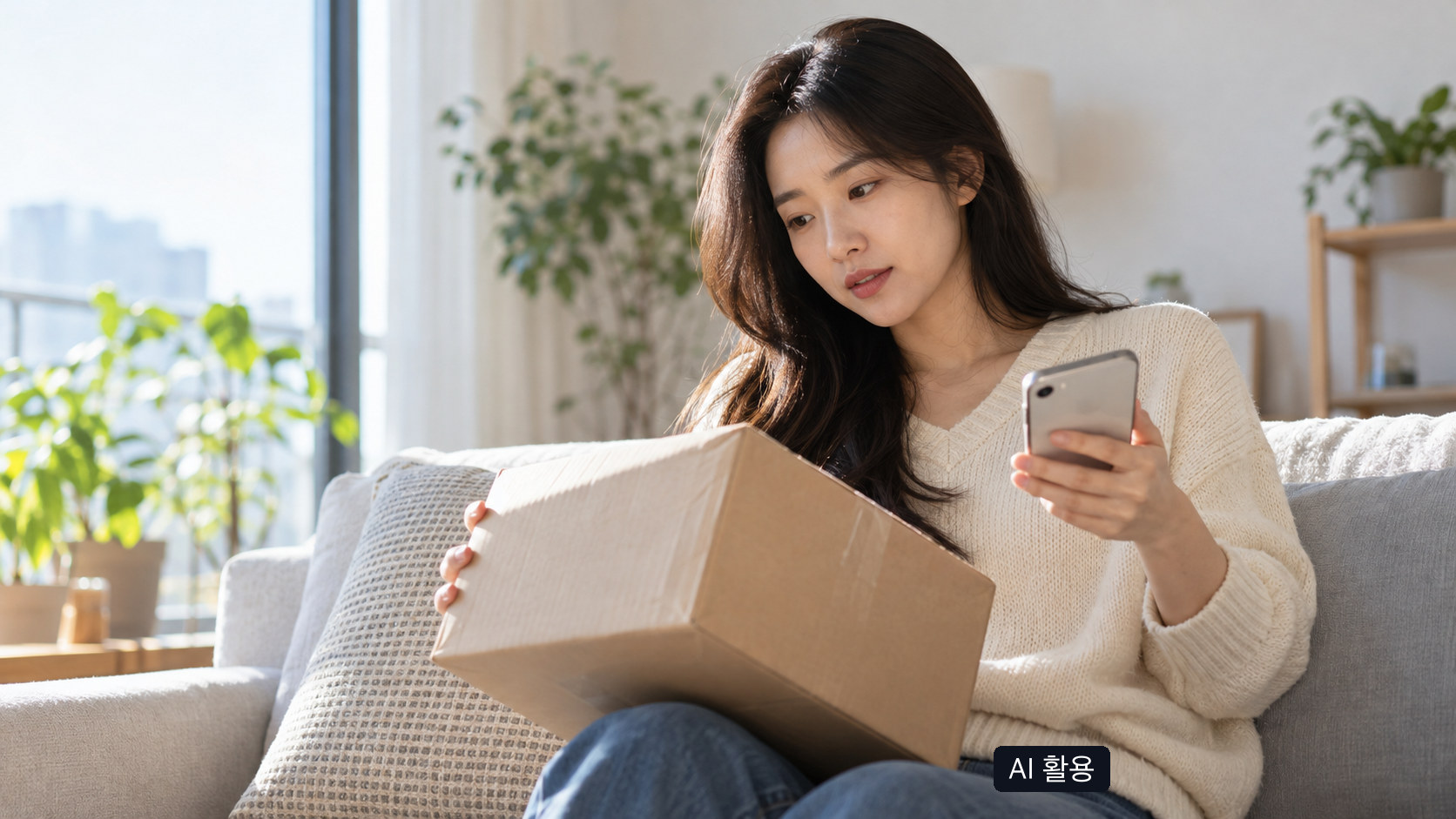 택배 상자를 살피며 휴대전화로 통관 정보를 확인하는 사람