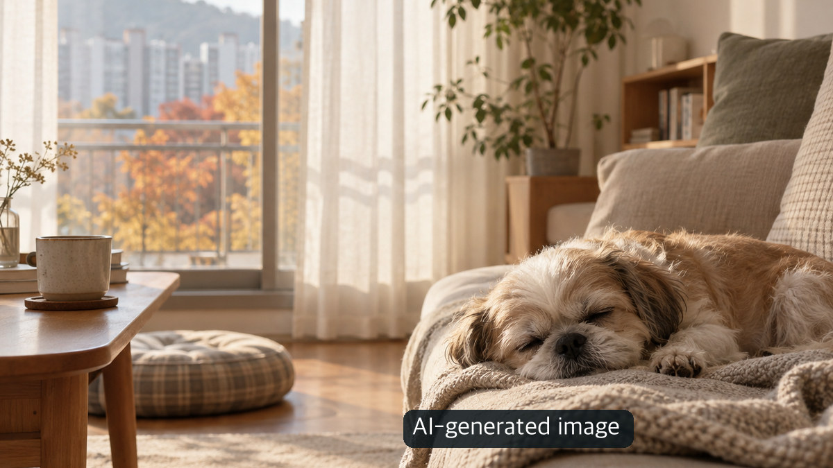 AI-generated scene of a small dog resting on a sunlit living-room sofa