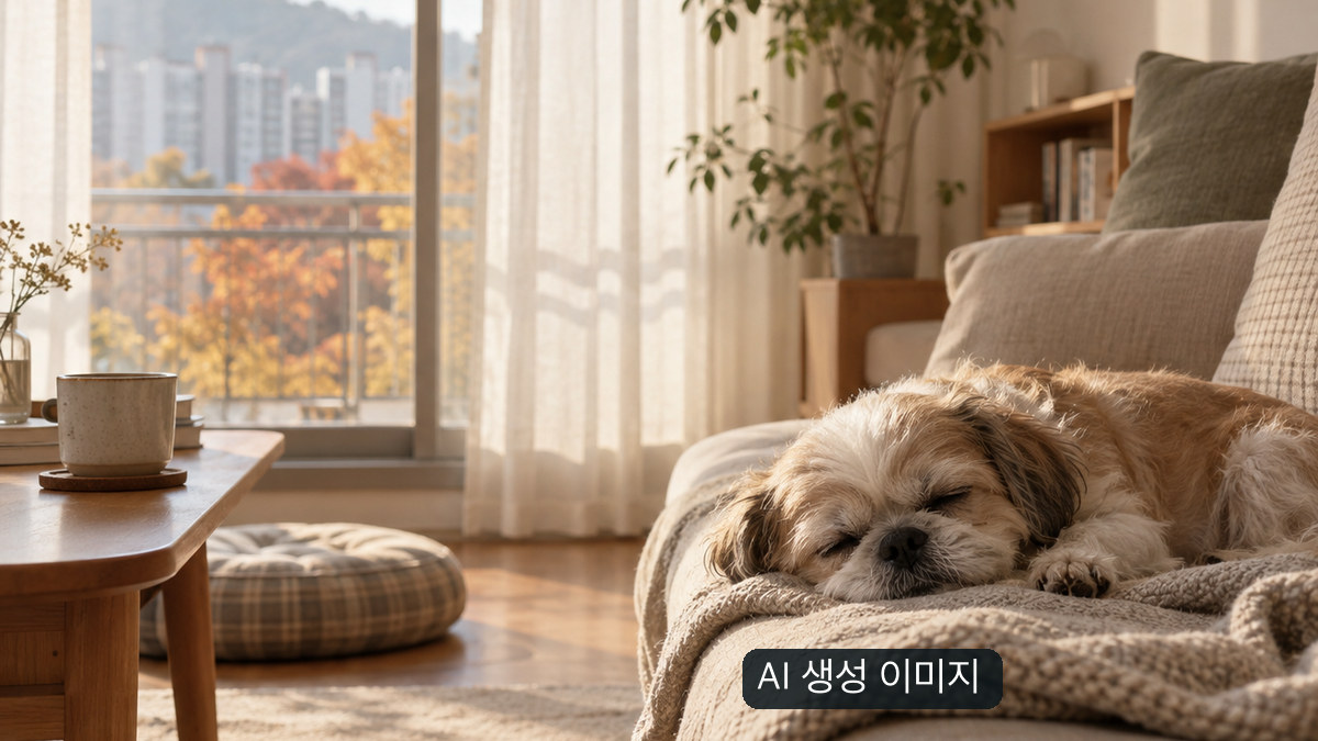 창가의 소파에서 쉬고 있는 작은 반려견을 표현한 생성 이미지