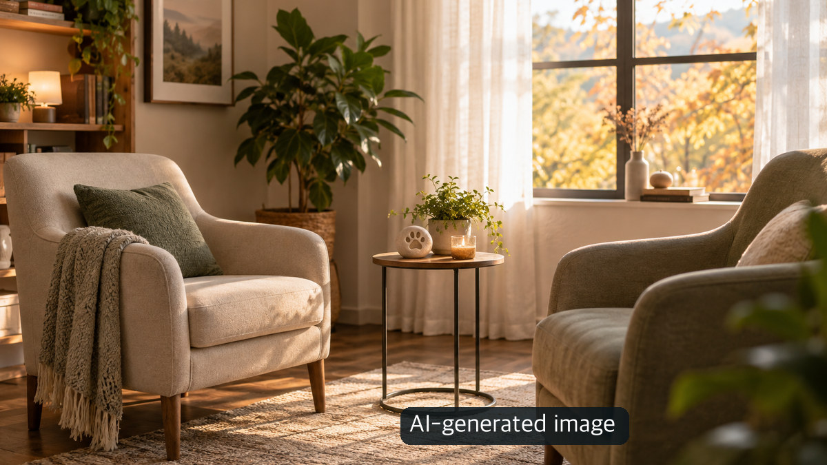 AI-generated conceptual scene of two empty armchairs facing each other in a quiet room