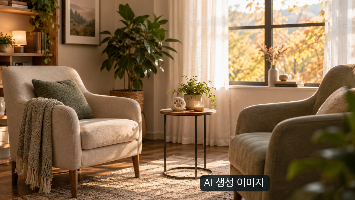 마주 보는 빈 의자 두 개와 작은 반려동물 장식이 놓인 조용한 실내를 표현한 생성 이미지