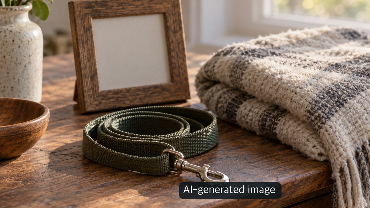 AI-generated conceptual still life of a pet leash, folded blanket and empty picture frame