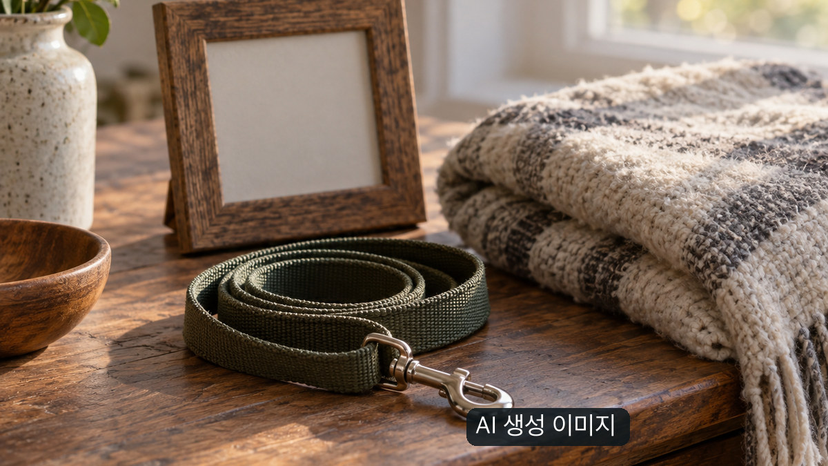 빈 액자와 반려견 목줄, 접힌 담요가 놓인 정물 장면을 표현한 생성 이미지
