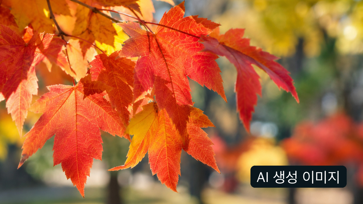 AI 생성 이미지: 붉고 노란 단풍잎을 가까이 본 일반 자연 장면