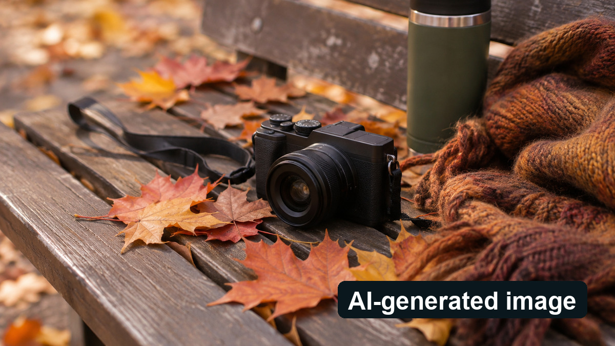 AI-generated image: Camera and travel mug on a leaf-strewn bench