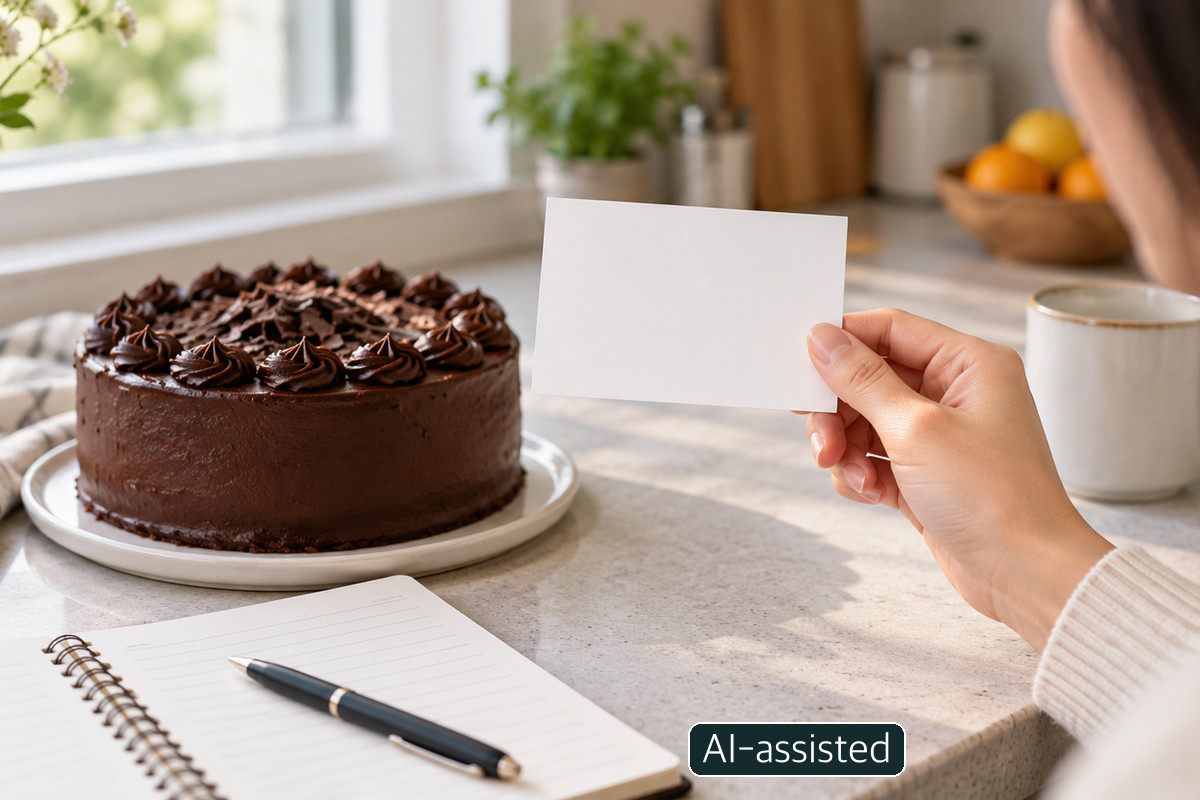 Conceptual photo of a hand holding a blank card by a chocolate cake and notebook; not the recalled packaging or an actual allergen label.