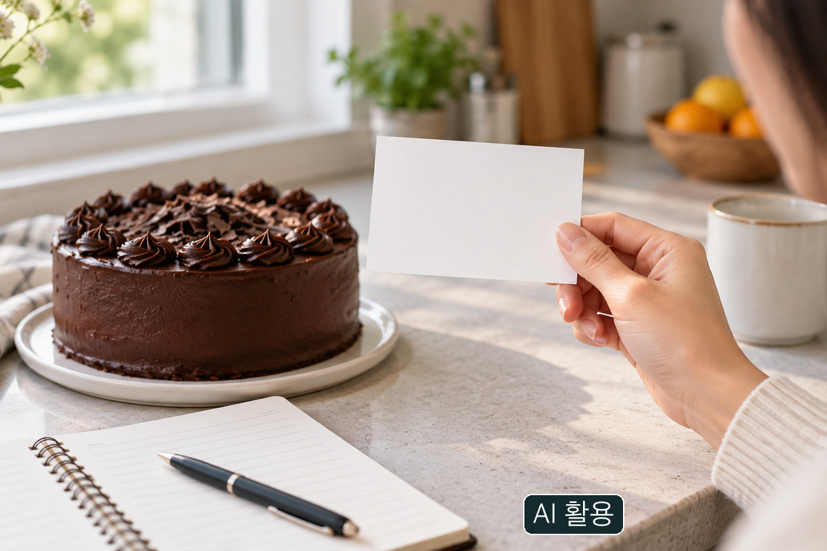 사람이 빈 카드를 들고 케이크 옆에 놓인 공책을 확인하는 개념 사진. 실제 회수 제품의 포장·알레르기 표시는 아닙니다.