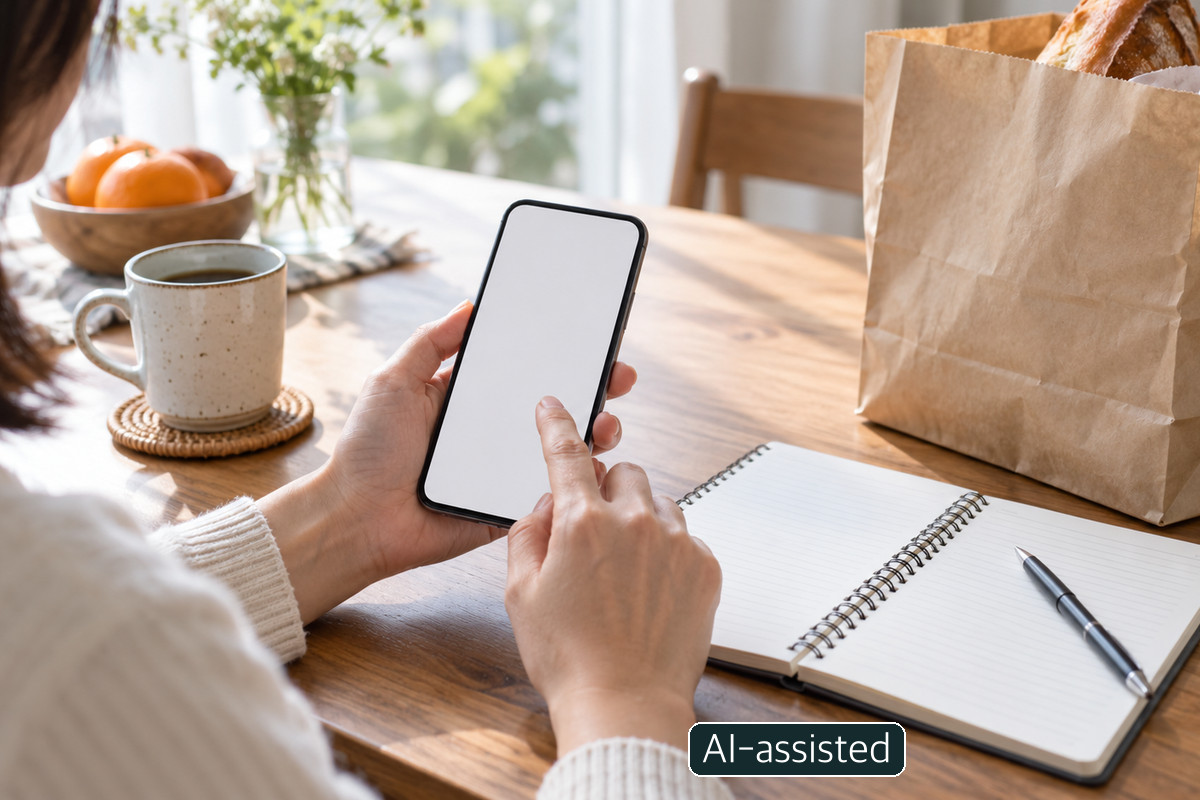 Conceptual photo of hands checking a blank phone screen beside a notebook; not an actual recall notice or retailer return procedure.