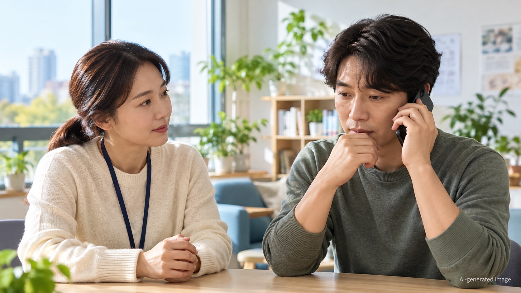 AI-generated concept image of a confidential support conversation; not an actual victim or report