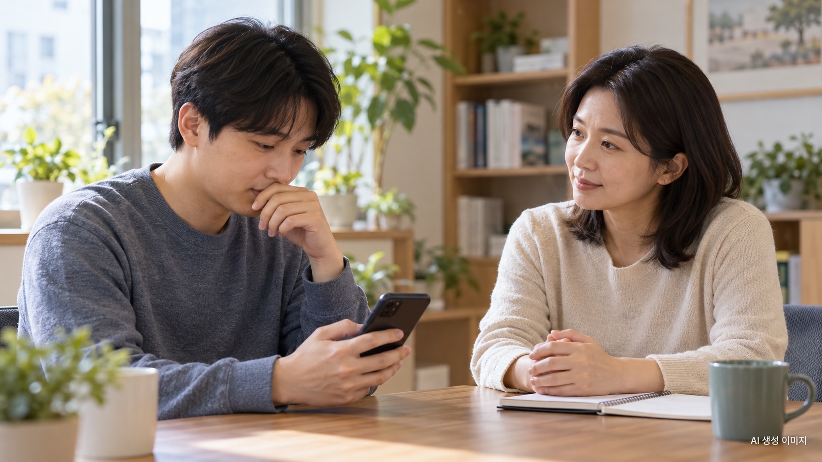 상담과 전화 연락을 표현한 AI 생성 이미지. 실제 피해자나 신고 장면이 아님