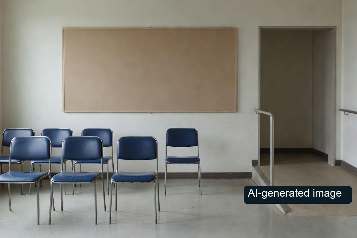 Conceptual empty waiting area with blue chairs and a doorway. It is not a specific Korean public office, and the image itself carries an AI-generated image disclosure.
