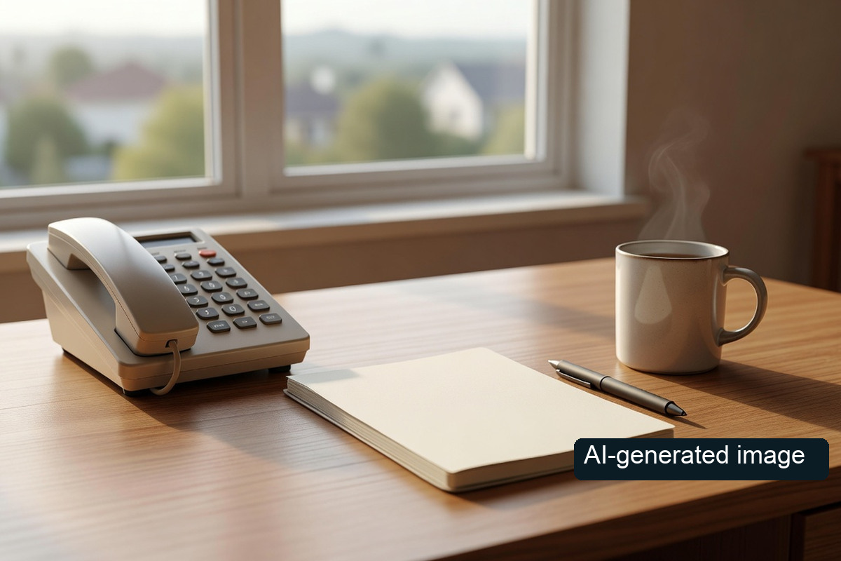 Conceptual home desk with a telephone and blank notebook. It does not depict an actual welfare consultation; the image itself carries an AI-generated image disclosure.