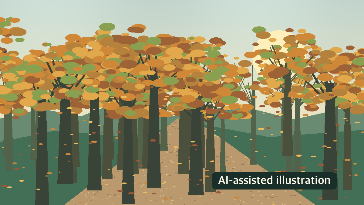 AI-assisted illustration of a generic autumn woodland path, not an image of the actual royal-tomb sites