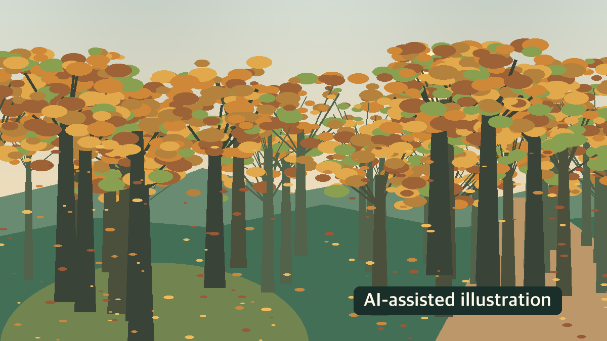 AI-assisted abstract autumn scene with fallen leaves and a distant path; not a photograph of a royal tomb