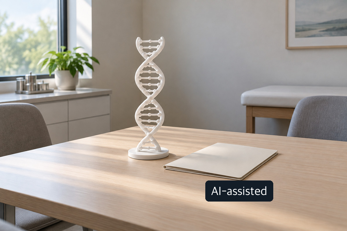 AI-generated conceptual image of a white DNA double-helix model and a closed unmarked folder on a bright table; not a patient record or an actual test