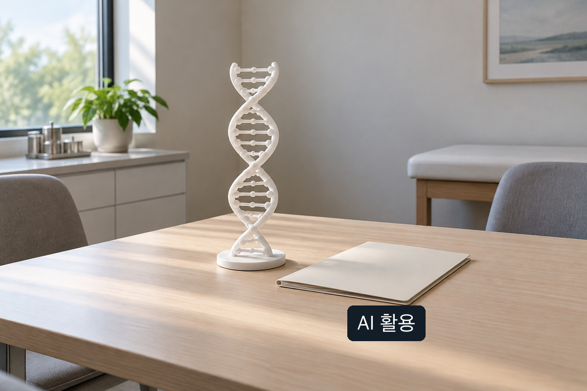 AI 생성 개념 이미지: 밝은 테이블 위 흰색 DNA 이중나선 교구와 닫힌 무표기 폴더; 실제 환자 기록이나 검사 장면이 아님