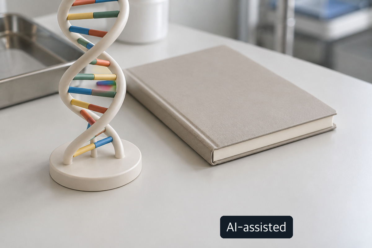 AI-generated conceptual image of a white DNA double-helix model beside a closed gray book on a table; not a real genetic test report