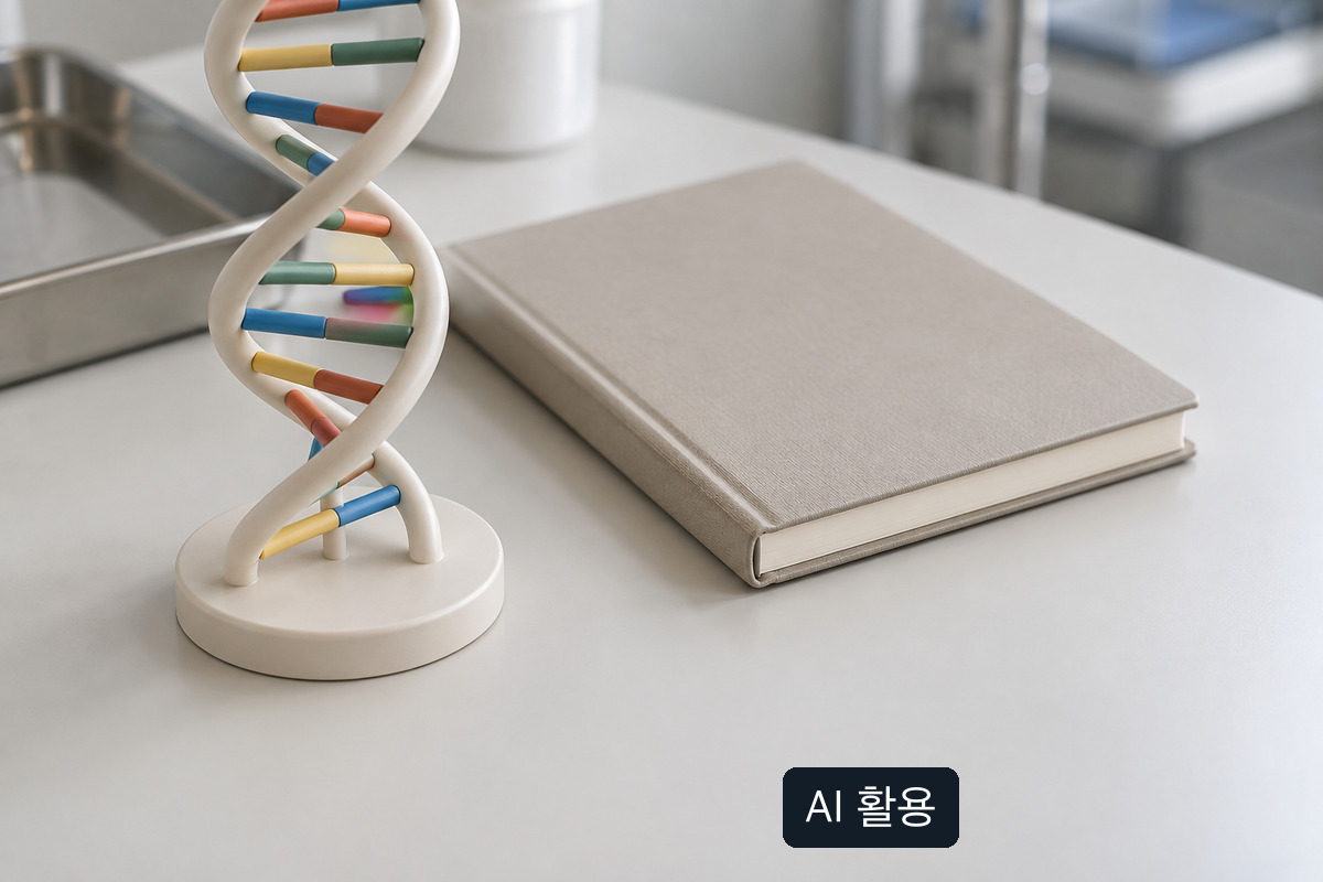 AI 생성 개념 이미지: 흰색 DNA 이중나선 교구와 닫힌 회색 책이 테이블에 놓인 장면. 실제 검사결과지가 아님