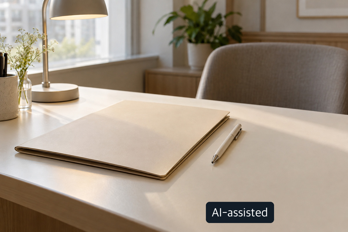 AI-generated conceptual image of a closed beige folder and pen on a bright desk beside a lamp and flowers; not actual patient records